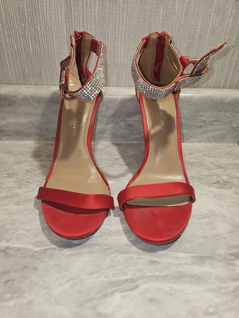 Christian Siriano Red Satin Open-Toe Heels with Crystal Ankle Strap -S41